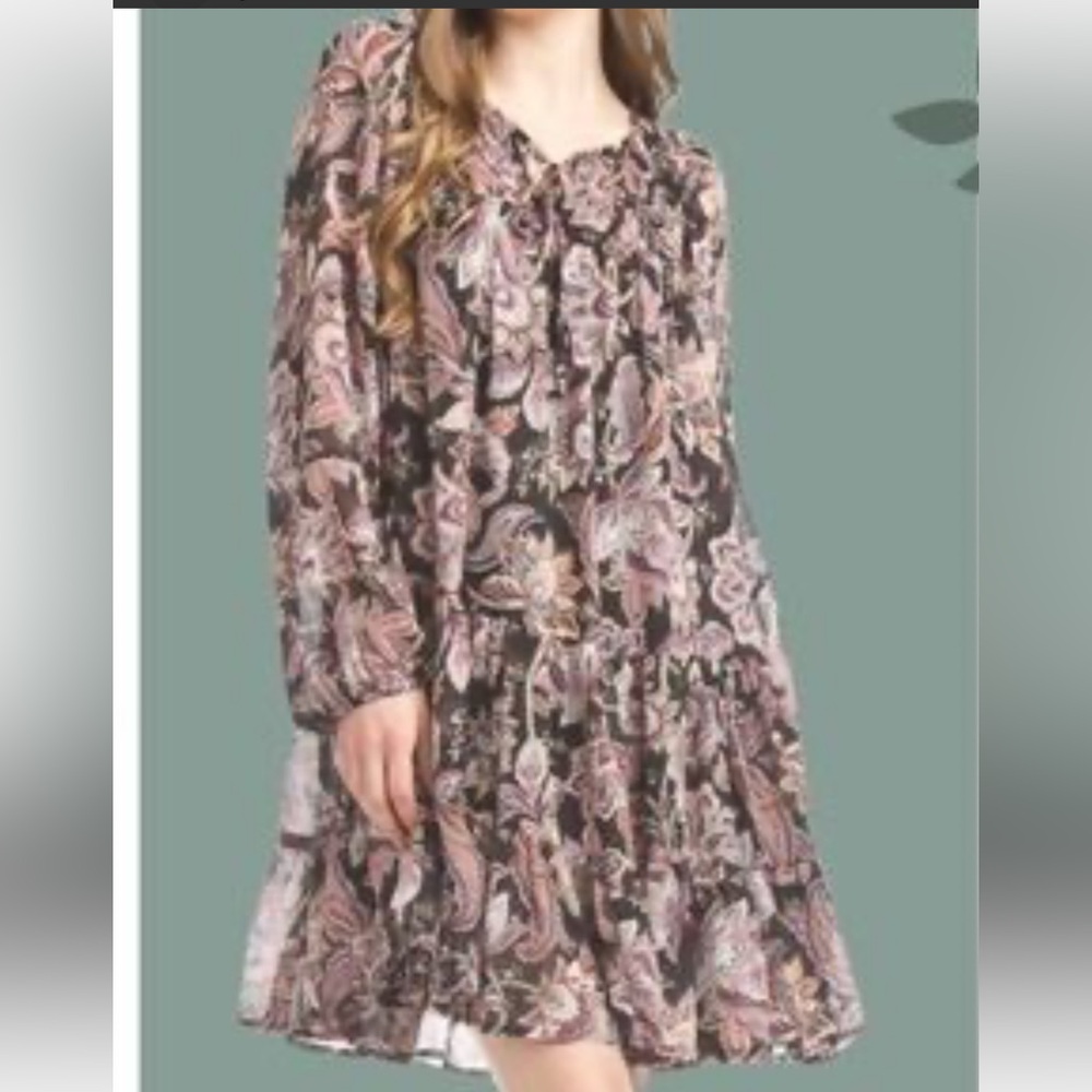 NWT Papillon Blanc Pink & Black Paisley Tiered Dress beautiful